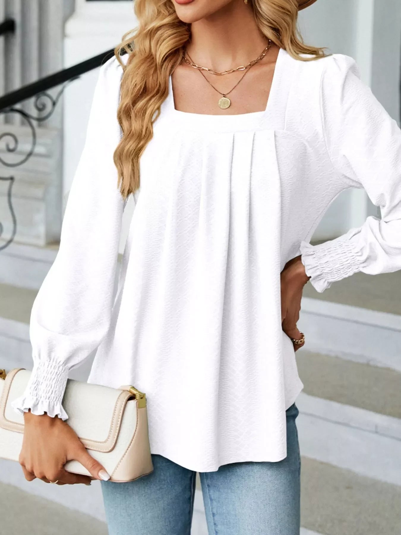 Pleated Square Neck Long Sleeve Top - Southern Shores Clothing