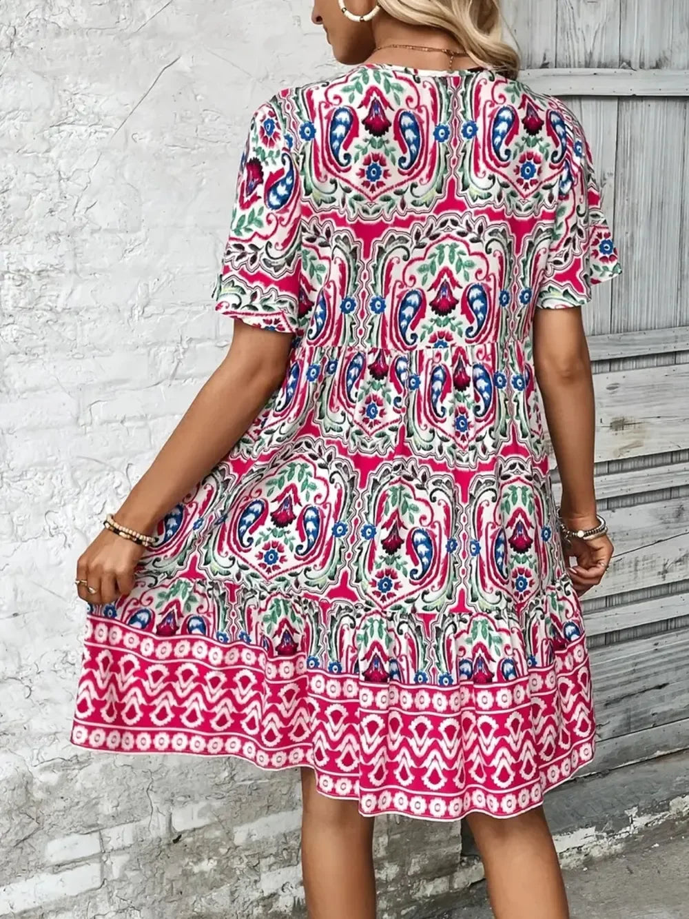 Printed Tie Neck Short Sleeve Dress With Paisley Print Pattern - Southern Shores Clothing