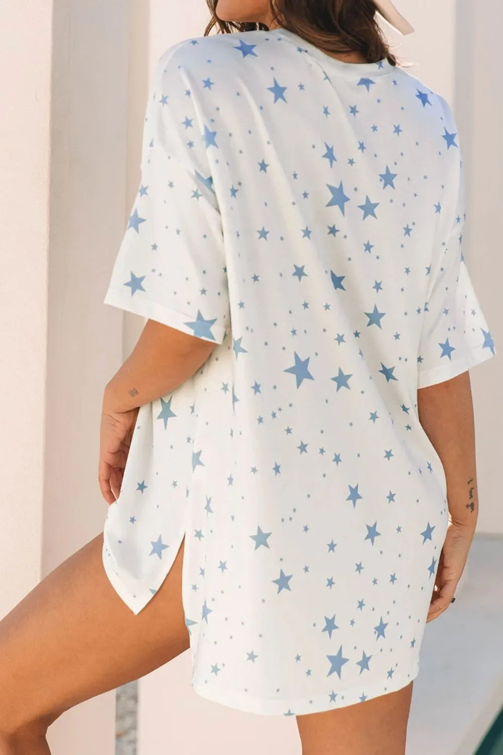 Stars Print Drop Shoulder Oversized T Shirt With Slits - Southern Shores Clothing