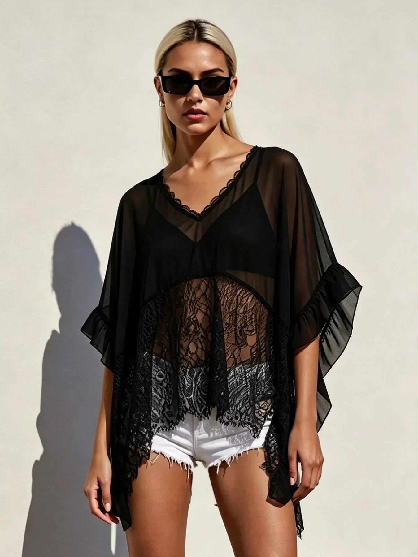 Lace Trim Sheer Flowy Cover Up With V Neck And Ruffle Details - Southern Shores Clothing