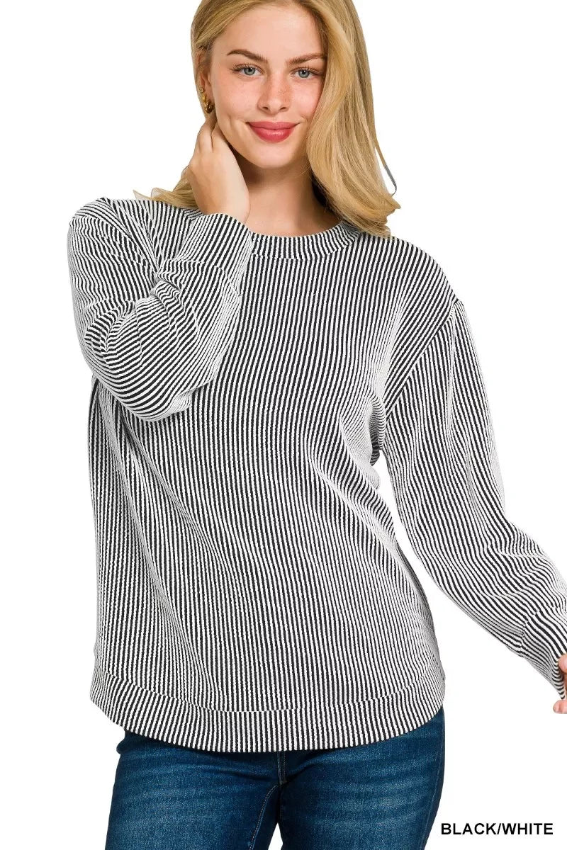 Plus Size Raised Rib Long Sleeve Round Neck T Shirt - Southern Shores Clothing