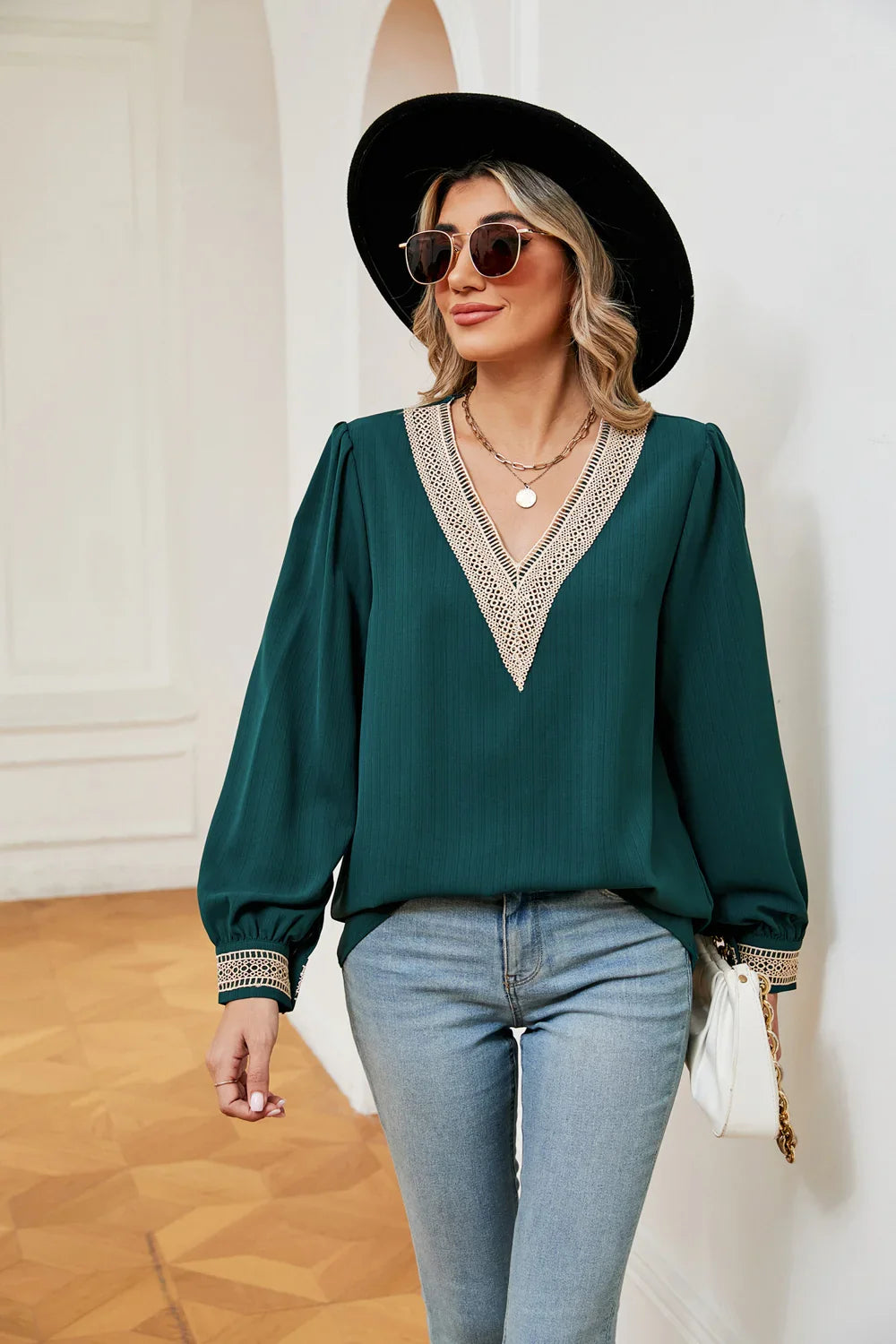Contrast Puff Sleeve Blouse With Polyester Fabric - Southern Shores Clothing