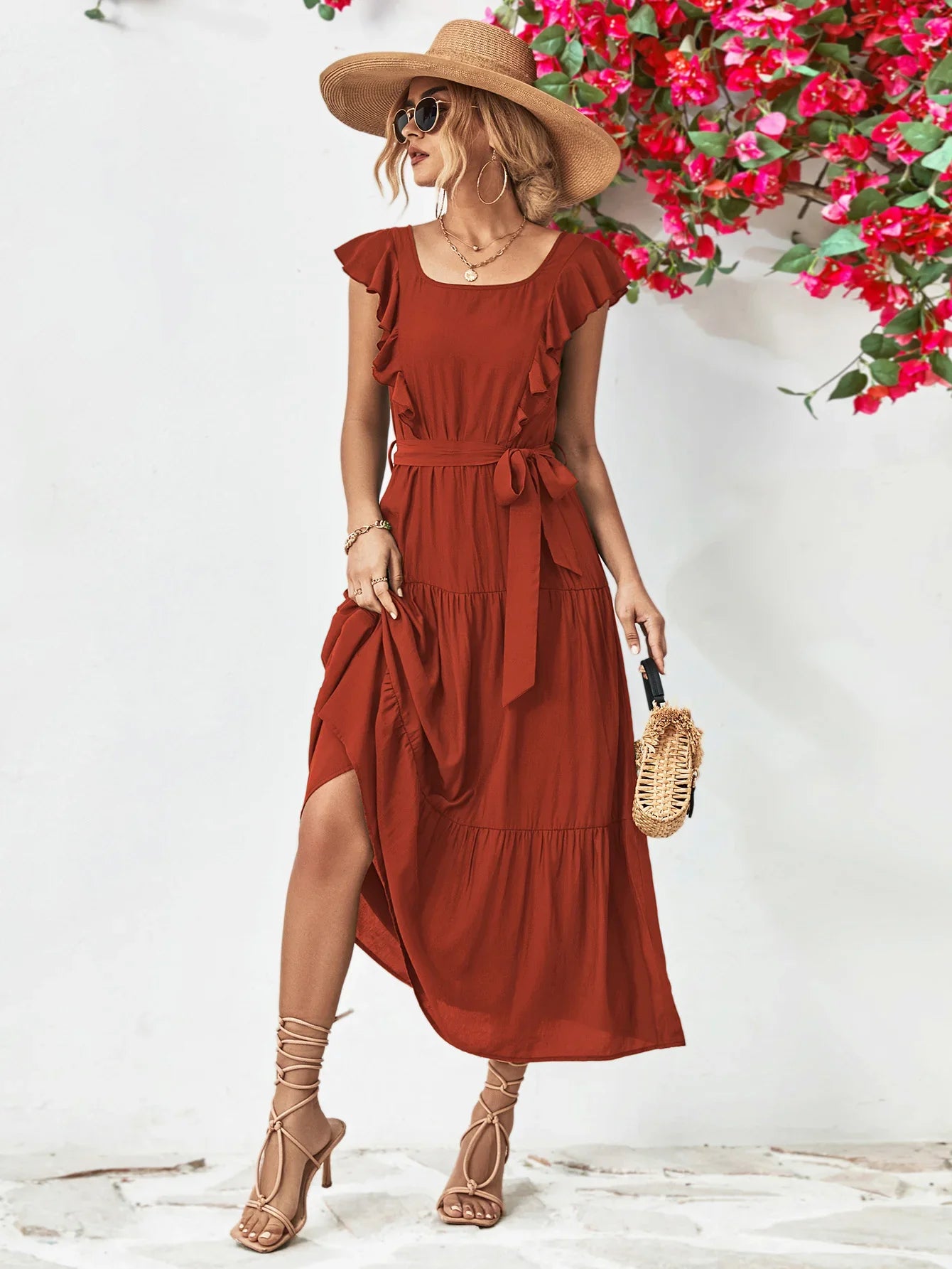 Tie Belt Ruffled Tiered Dress - Southern Shores Clothing