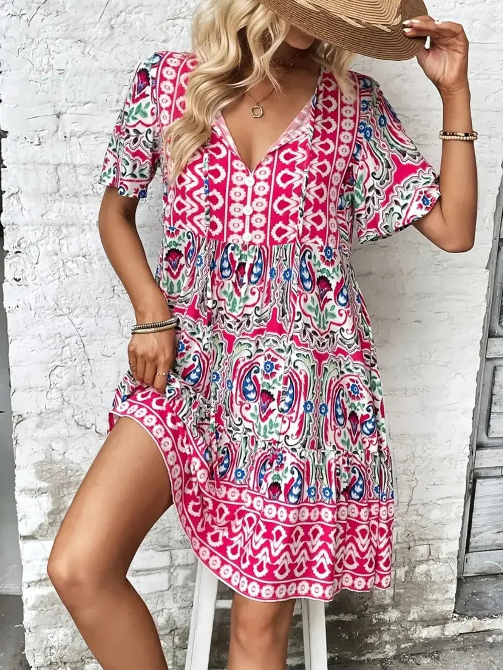 Printed Tie Neck Short Sleeve Dress With Paisley Print Pattern - Southern Shores Clothing