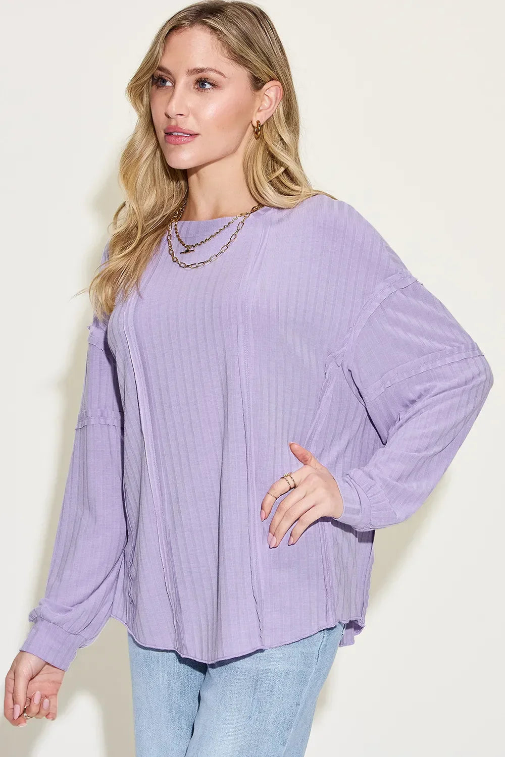 Ribbed Round Neck Long Sleeve T Shirt Basics - Southern Shores Clothing
