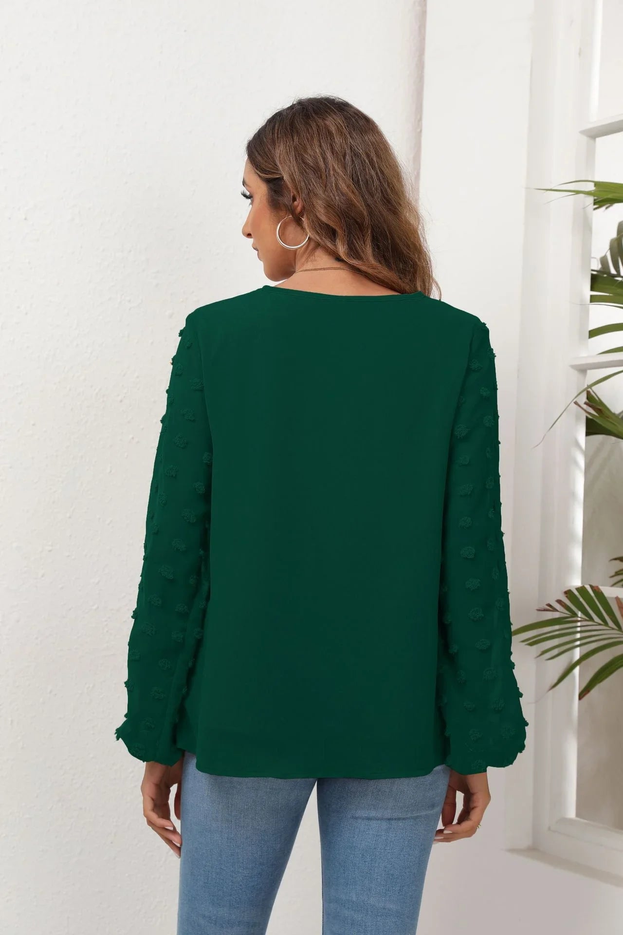 Stretch Swiss Dot V Neck Balloon Sleeve Blouse - Southern Shores Clothing