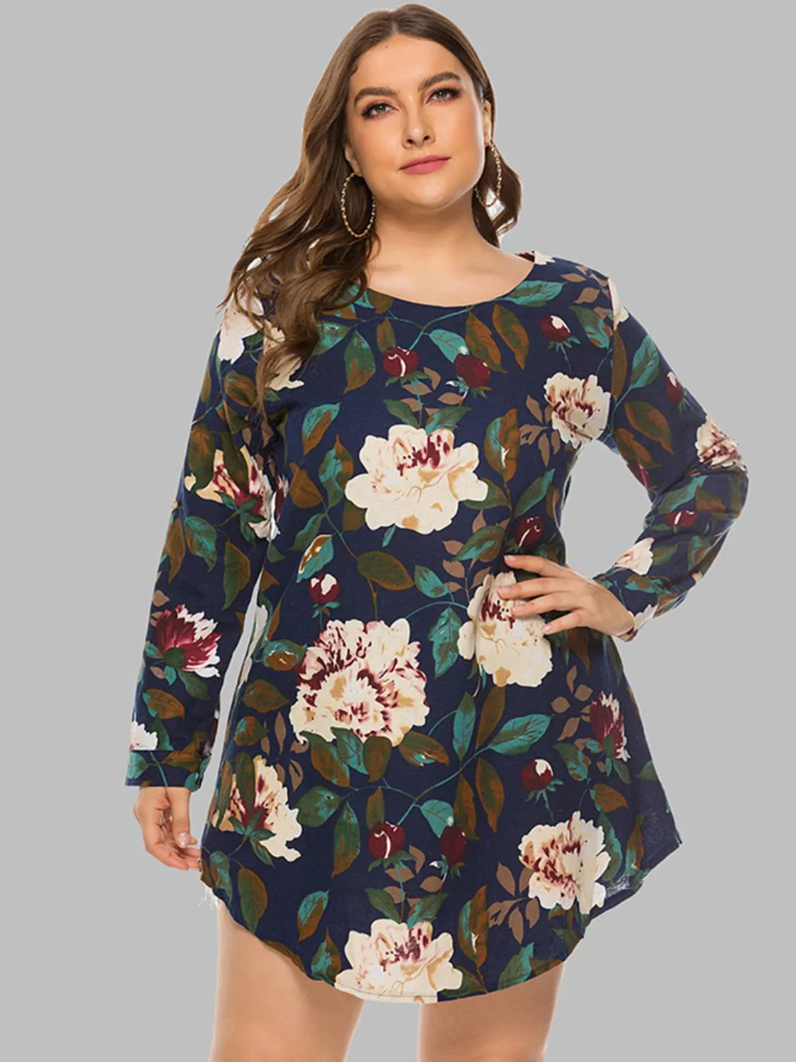 Full Size Floral Long Sleeve Mini Dress - Southern Shores Clothing