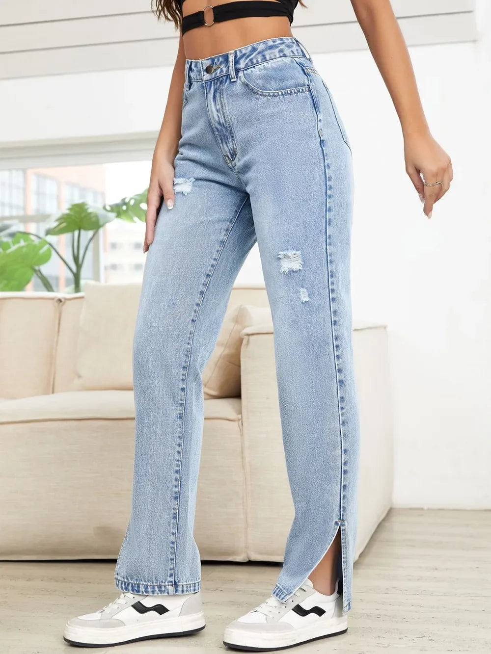 Nautical Inspired Distressed Slit Straight Leg Jeans - Southern Shores Clothing