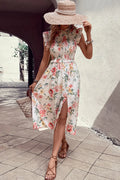 Floral Smocked Butterfly Sleeve Slit Dress - Southern Shores Clothing