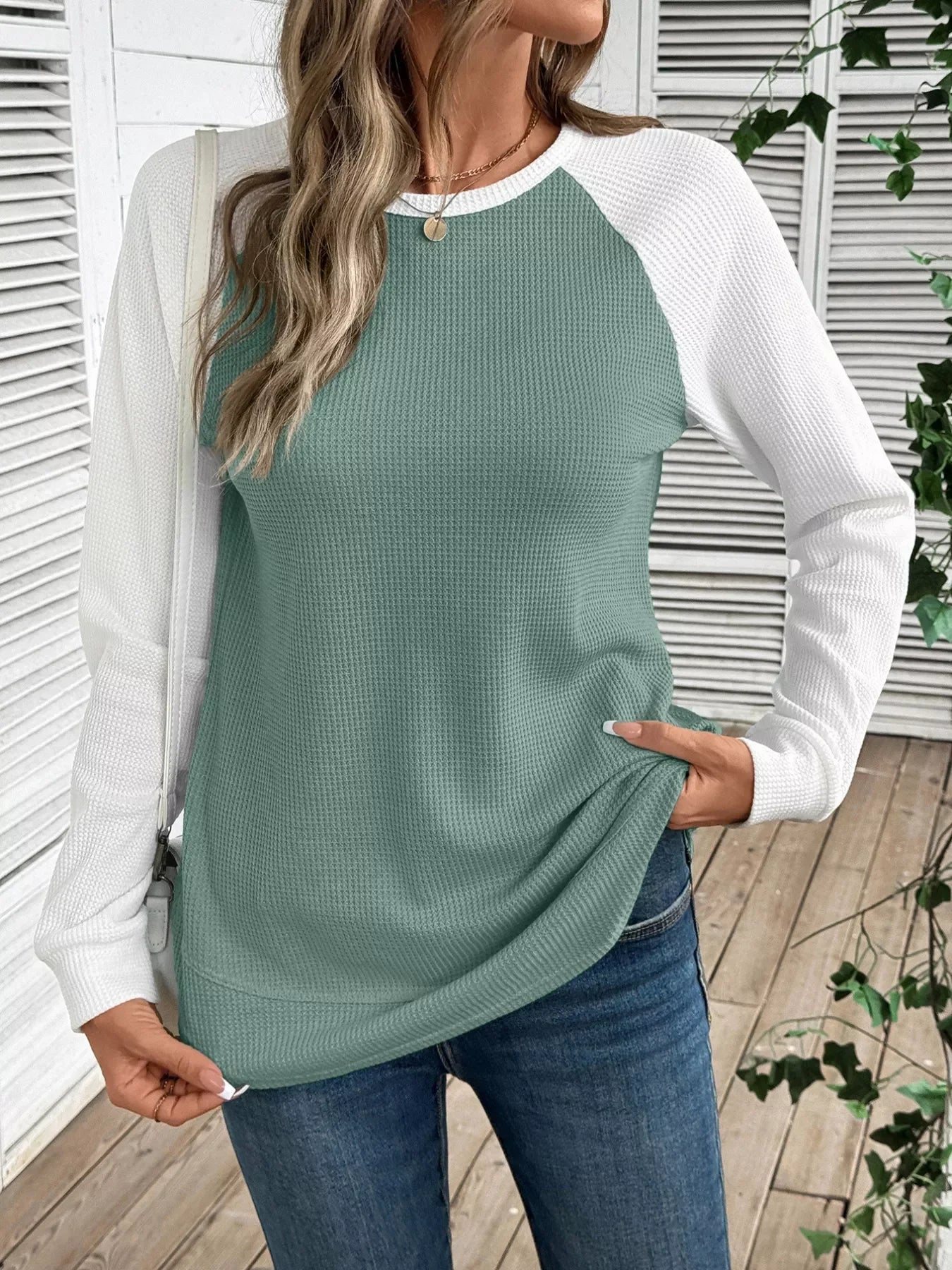 Contrast Raglan Sleeves Waffle Knit T Shirt - Southern Shores Clothing