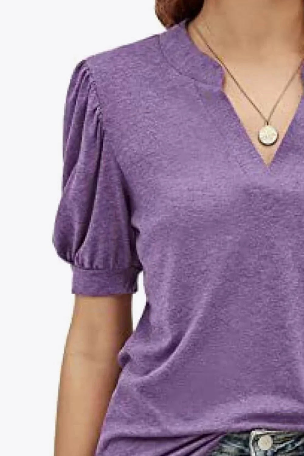Notched Neck Puff Sleeve Stretch T-Shirt - Southern Shores Clothing