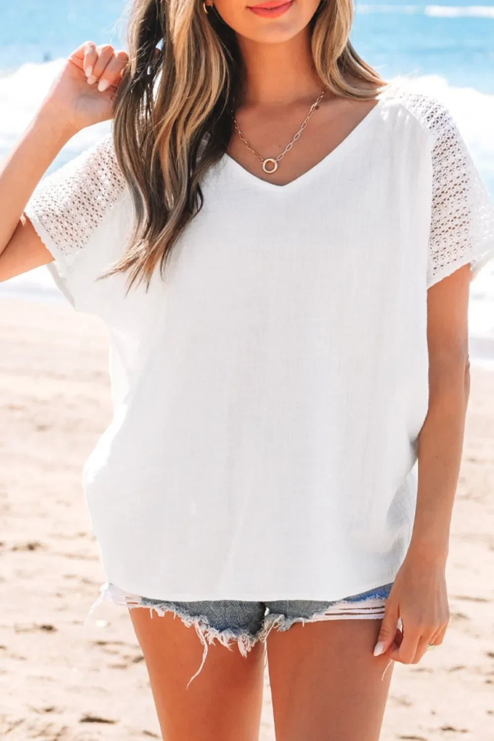 Lace Crochet Textured Button Back V Neck T Shirt - Southern Shores Clothing