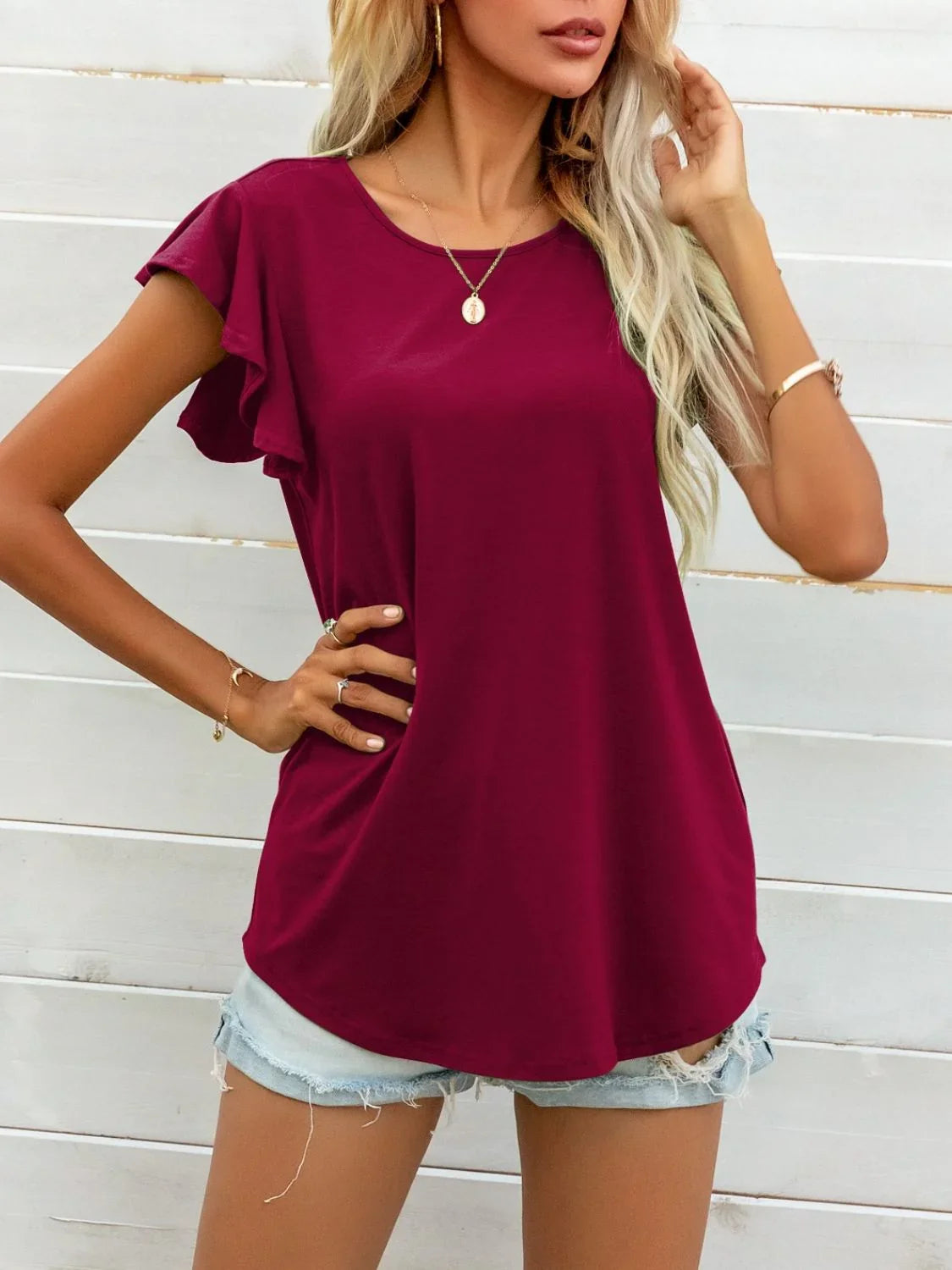 Round Neck Butterfly Sleeve Printed Stretch T Shirt - Southern Shores Clothing
