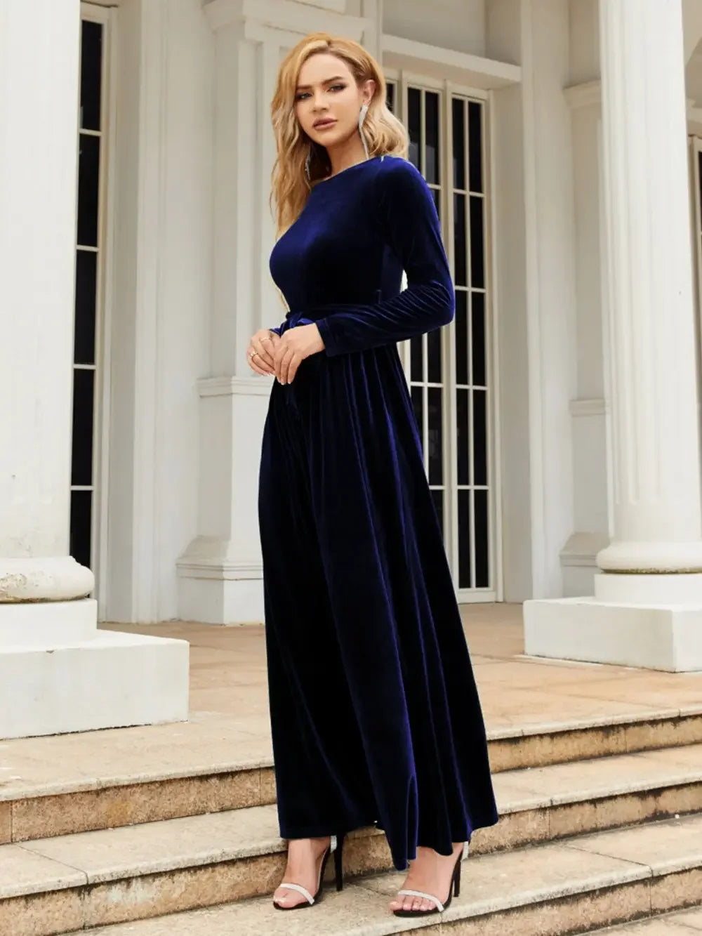 Tie Front Round Neck Long Sleeve Maxi Dress - Southern Shores Clothing