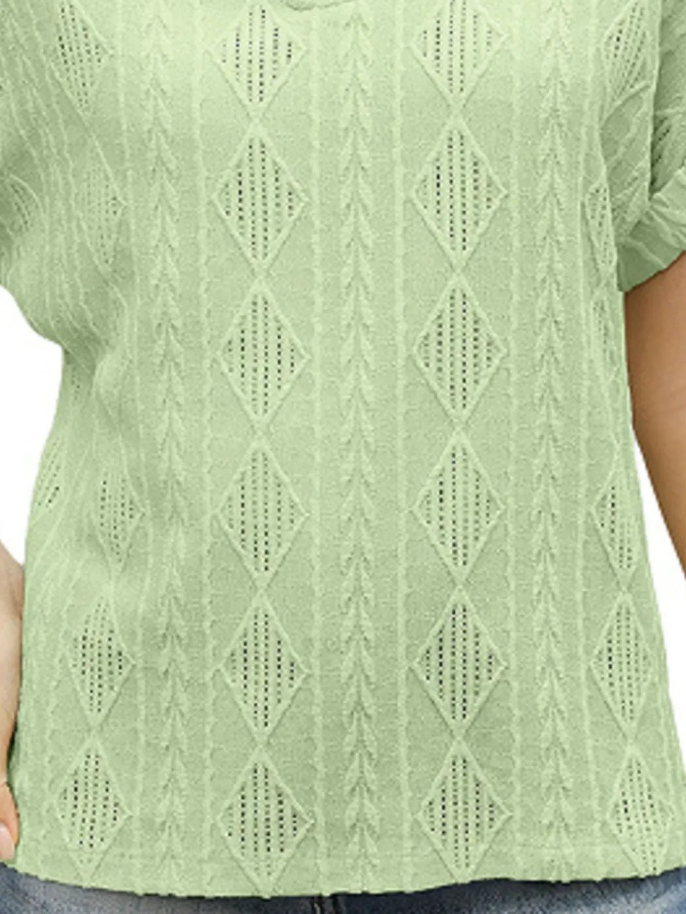 Textured V-Neck Short Sleeve Buttoned Top With Openwork - Southern Shores Clothing