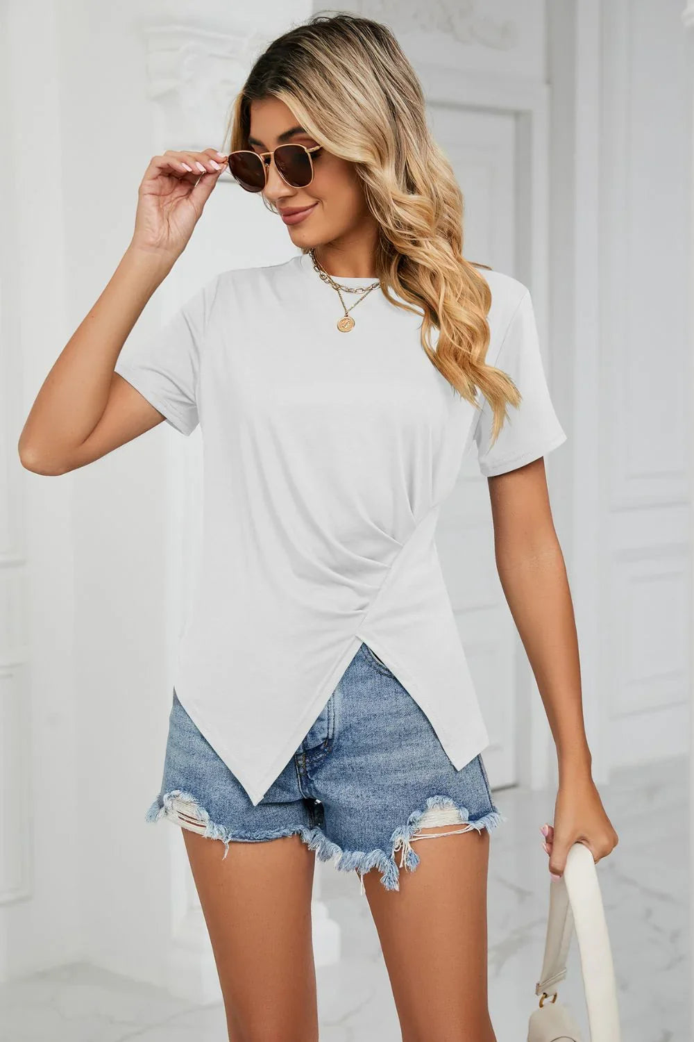 Ruched Hem Crewneck Short Sleeve T Shirt Stretchy Fabric - Southern Shores Clothing