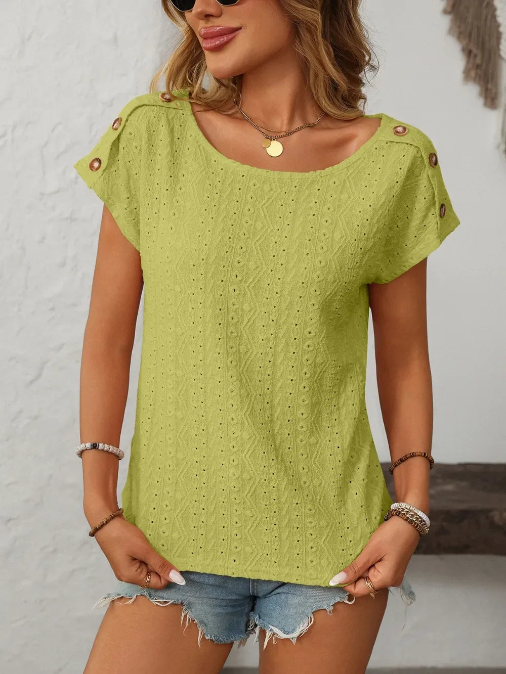 Eyelet Round Neck Short Sleeve Top With Decorative Button - Southern Shores Clothing