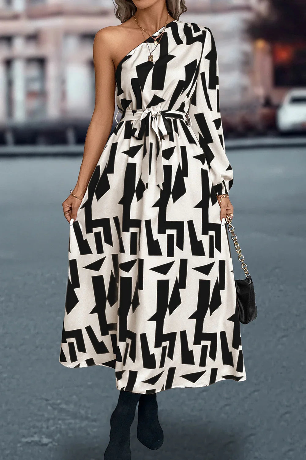 Printed One-Shoulder Tie Waist Dress - Southern Shores Clothing