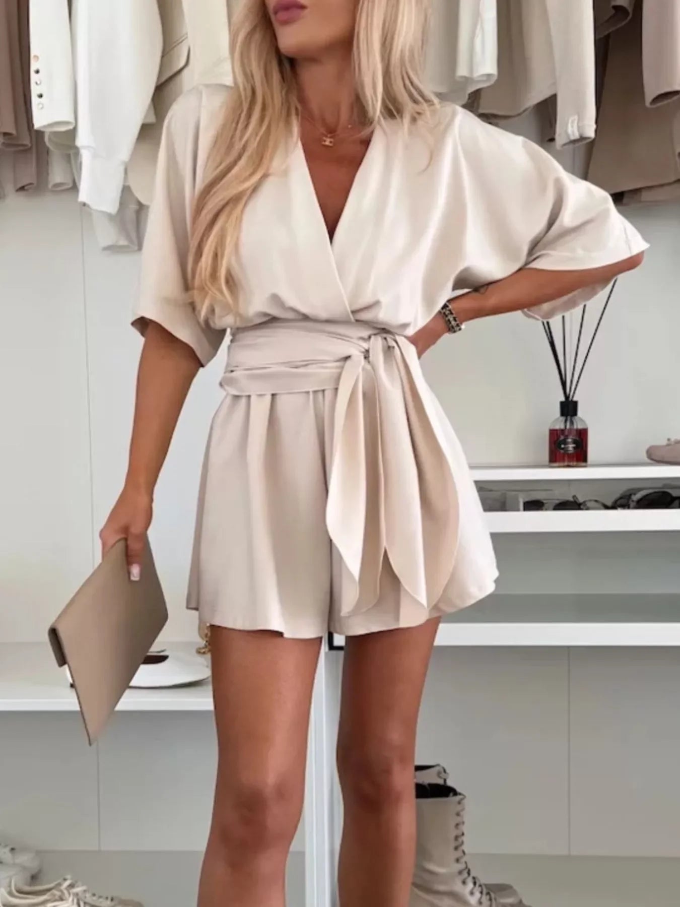 Belted Surplice Tie Waist Stretch Knit Romper - Southern Shores Clothing