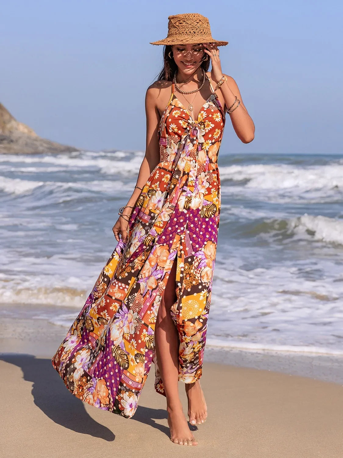 Slit Printed Halter Neck Cami Dress With Tie Front Allover - Southern Shores Clothing
