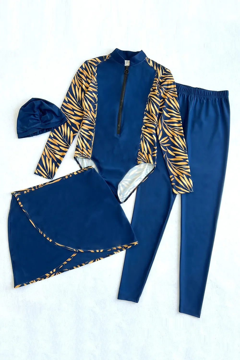 Printed Long Sleeve Swimwear Four Piece Cap Set Skirt And Pants - Southern Shores Clothing