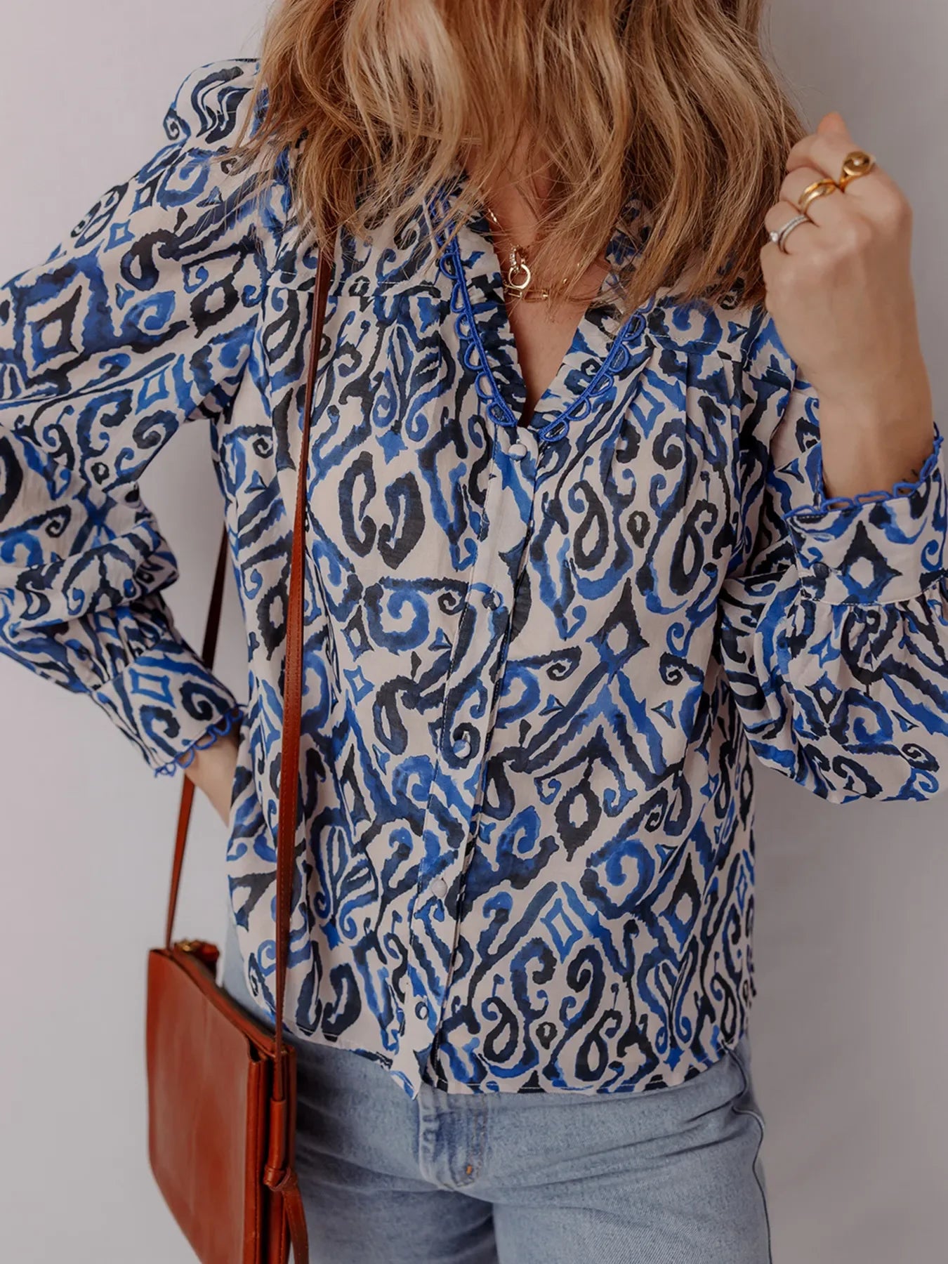 Paisley Print Long Sleeve Cotton Blouse With Frill Trim - Southern Shores Clothing