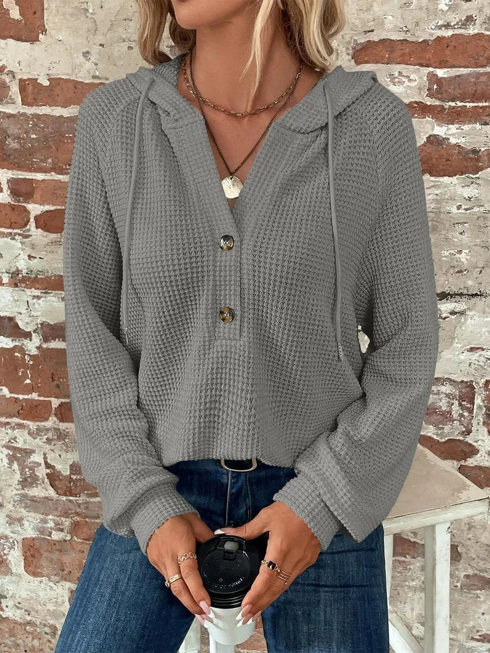 Waffle Knit Long Sleeve Drawstring Hooded Top - Southern Shores Clothing