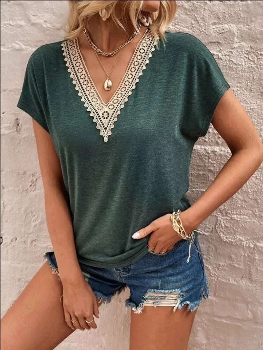 Full Size Lace Detail V-Neck Short Sleeve T-Shirt - Southern Shores Clothing