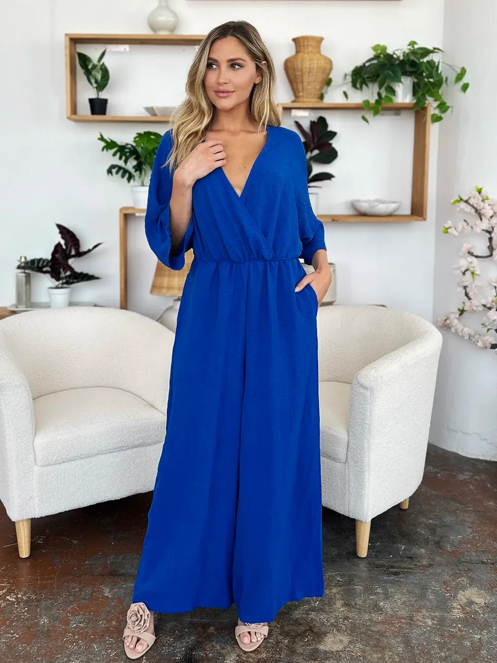 Surplice Wide-Leg Jumpsuit With Hidden Pockets - Southern Shores Clothing