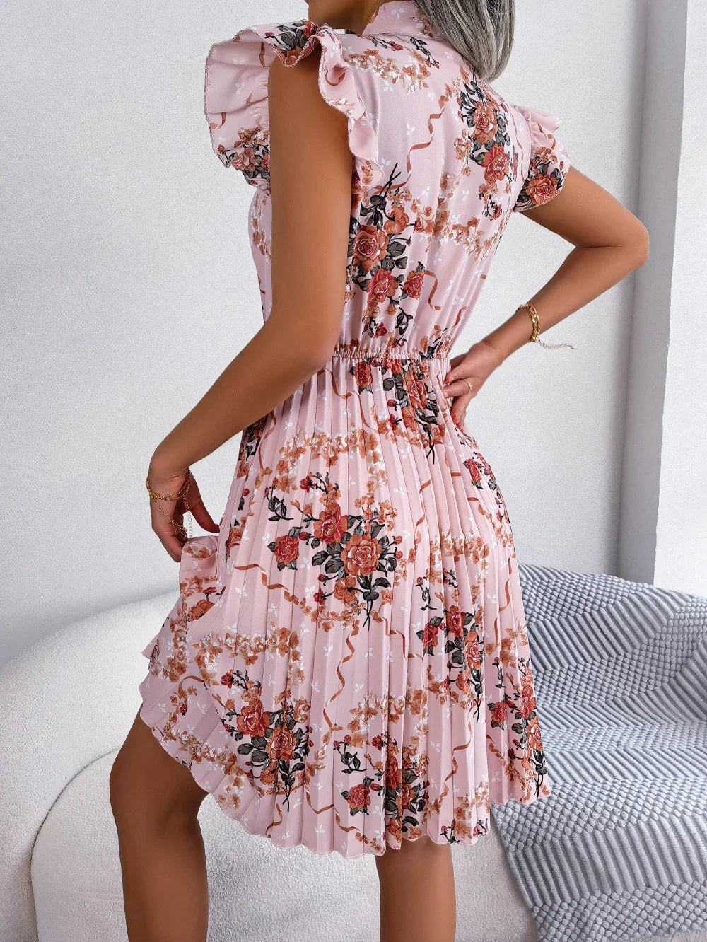 Pleated Floral Printed Tie Neck Knee Length Dress - Southern Shores Clothing
