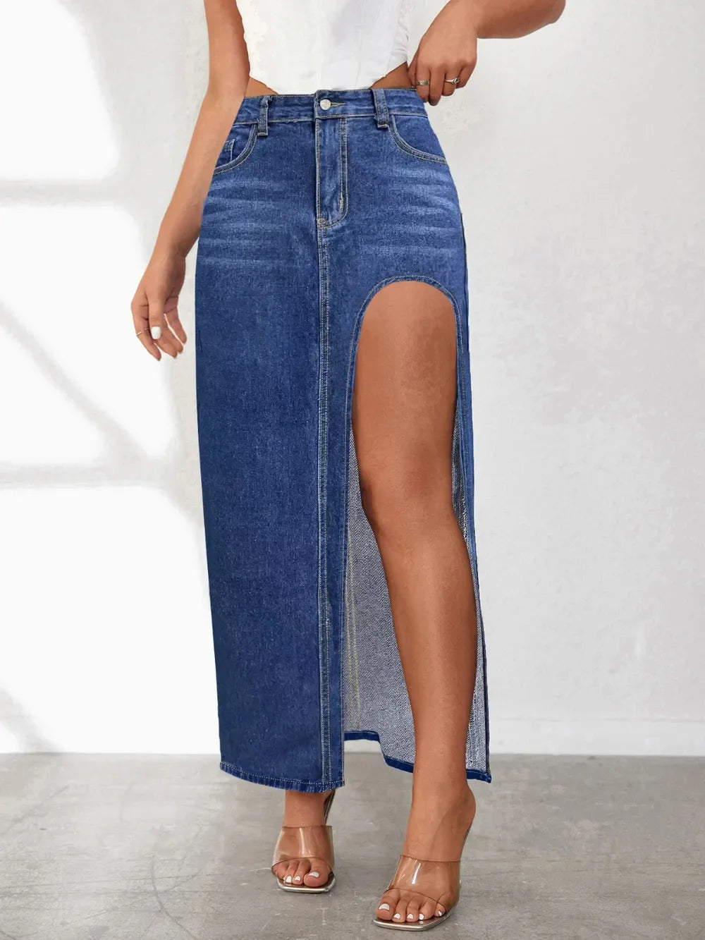 Classic High Rise Slit Denim Skirt With Flattering Fit - Southern Shores Clothing