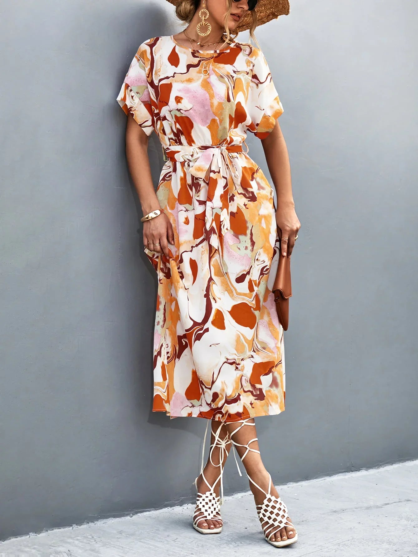 Round Neck Short Sleeve Tie Waist Midi Dress - Southern Shores Clothing
