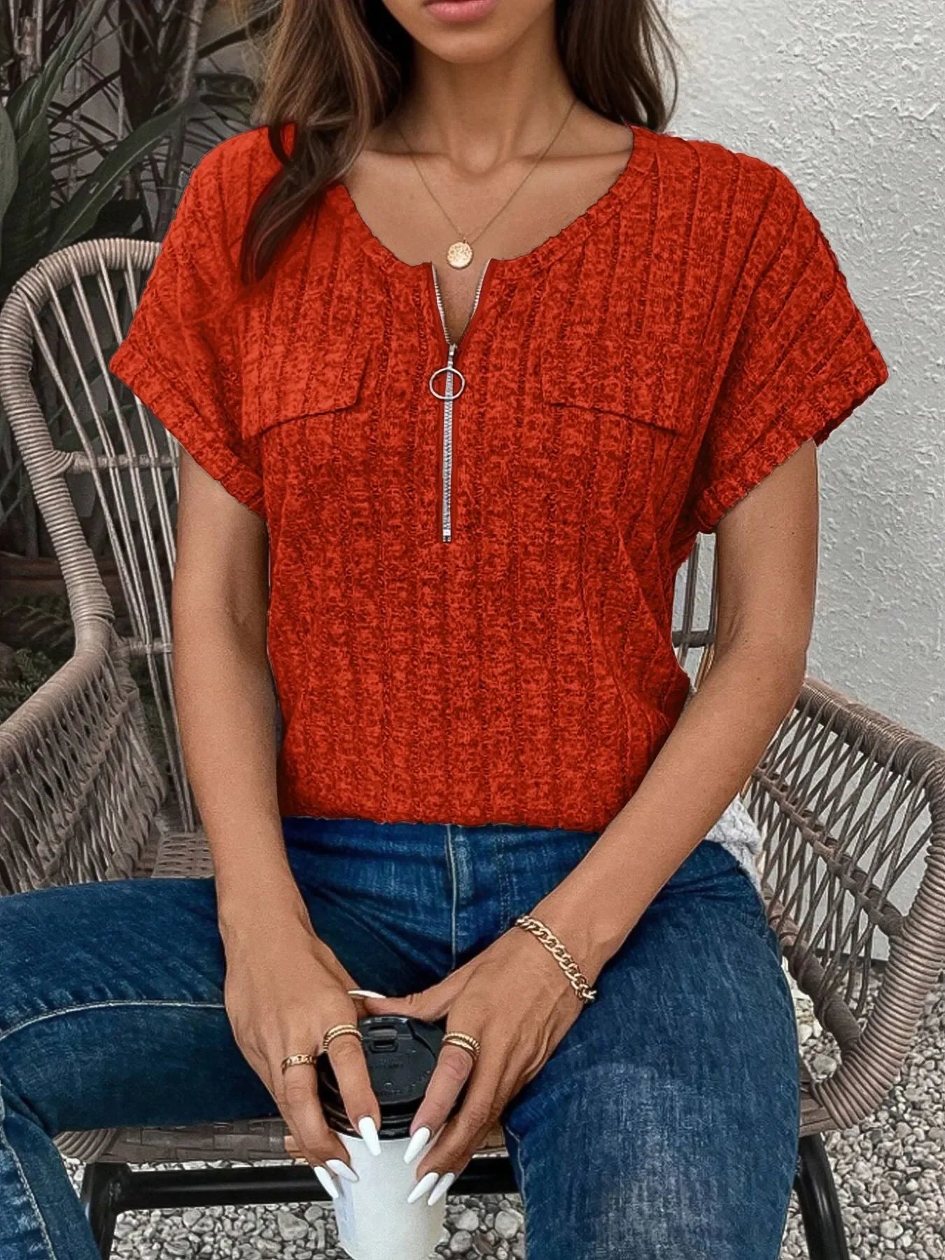 Zip-Front Ribbed Short Sleeve T-Shirt Coastal Style - Southern Shores Clothing
