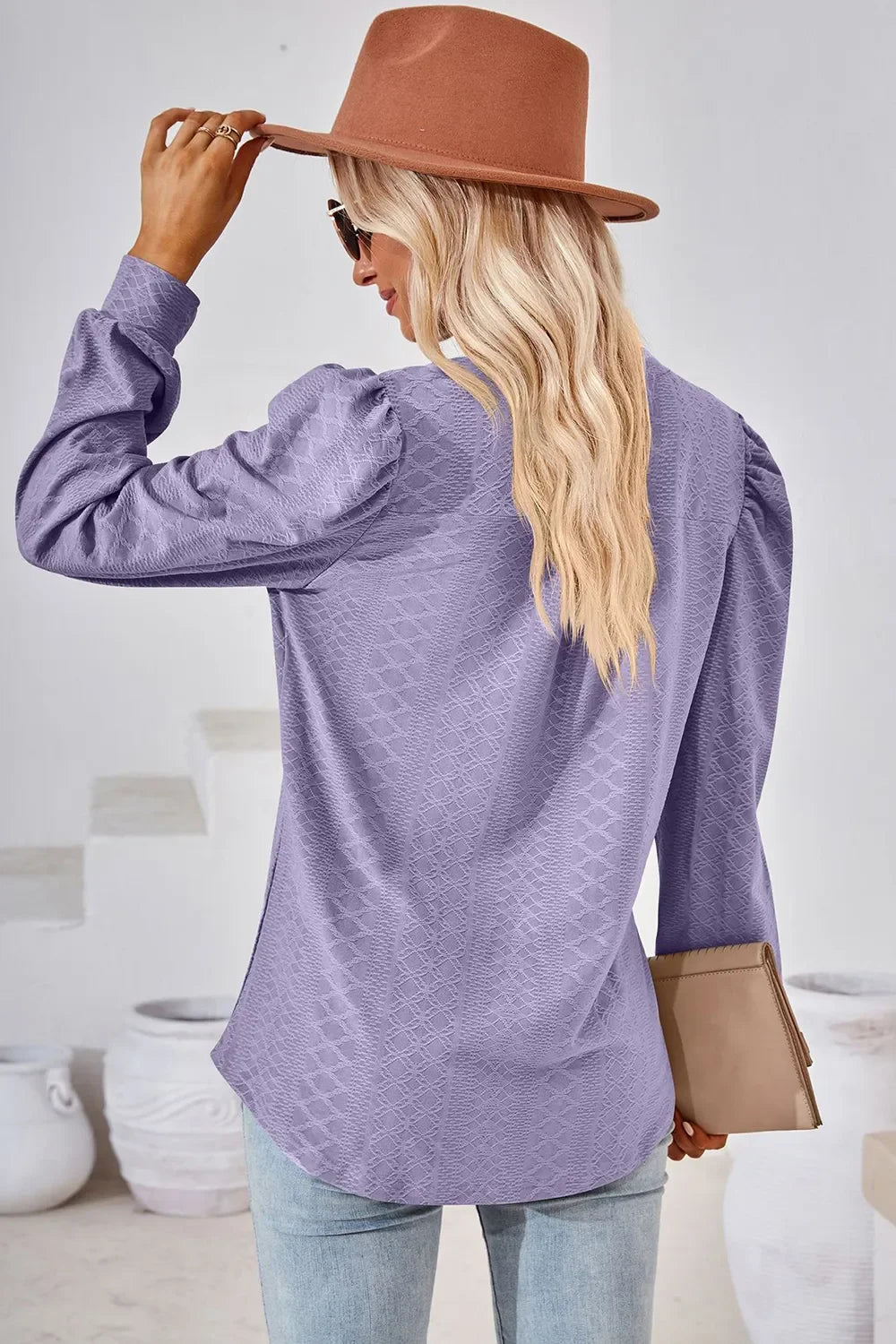 Notched Long Sleeve Top With Slightly Stretchy Fit - Southern Shores Clothing