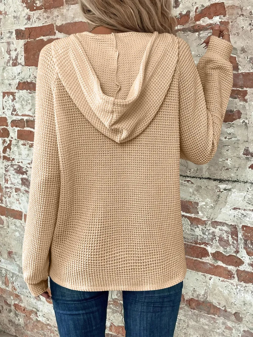 Waffle Knit Long Sleeve Drawstring Hooded Top - Southern Shores Clothing