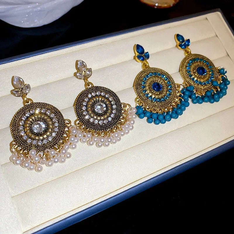 Rhinestone Alloy Bead Dangle Earrings With Pearl Drops Design - Southern Shores Clothing