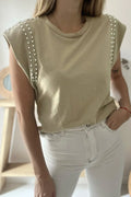 Studded Cap Sleeve Round Neck Stretch T Shirt With Shine - Southern Shores Clothing