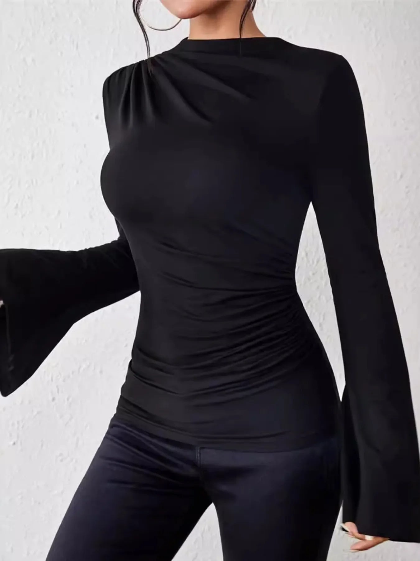 Bell Sleeve Ruched Fitted T-Shirt with Mock Neck - Southern Shores Clothing