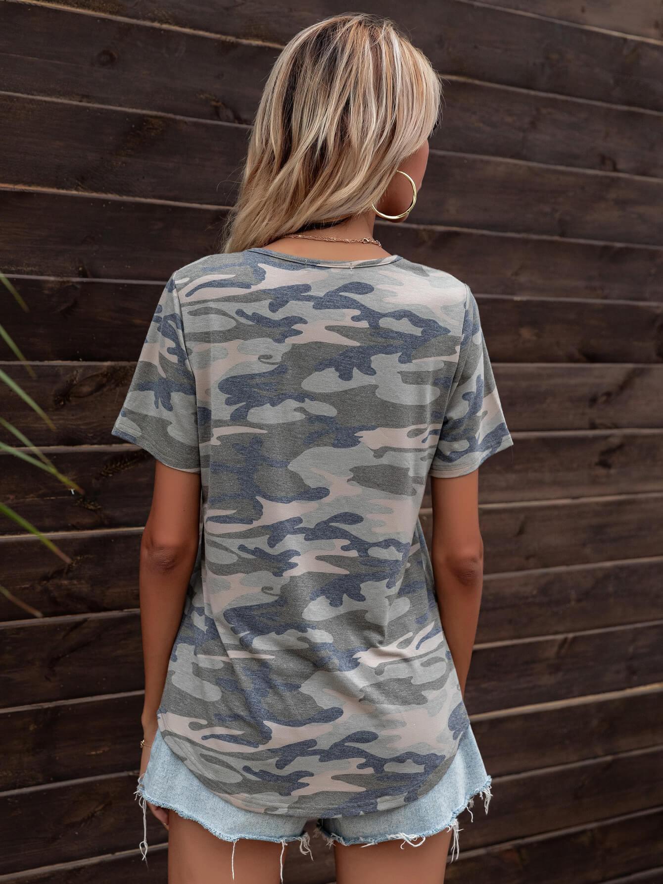 Glitter V-Neck Short Sleeve T-Shirt With Pockets And Prints - Southern Shores Clothing