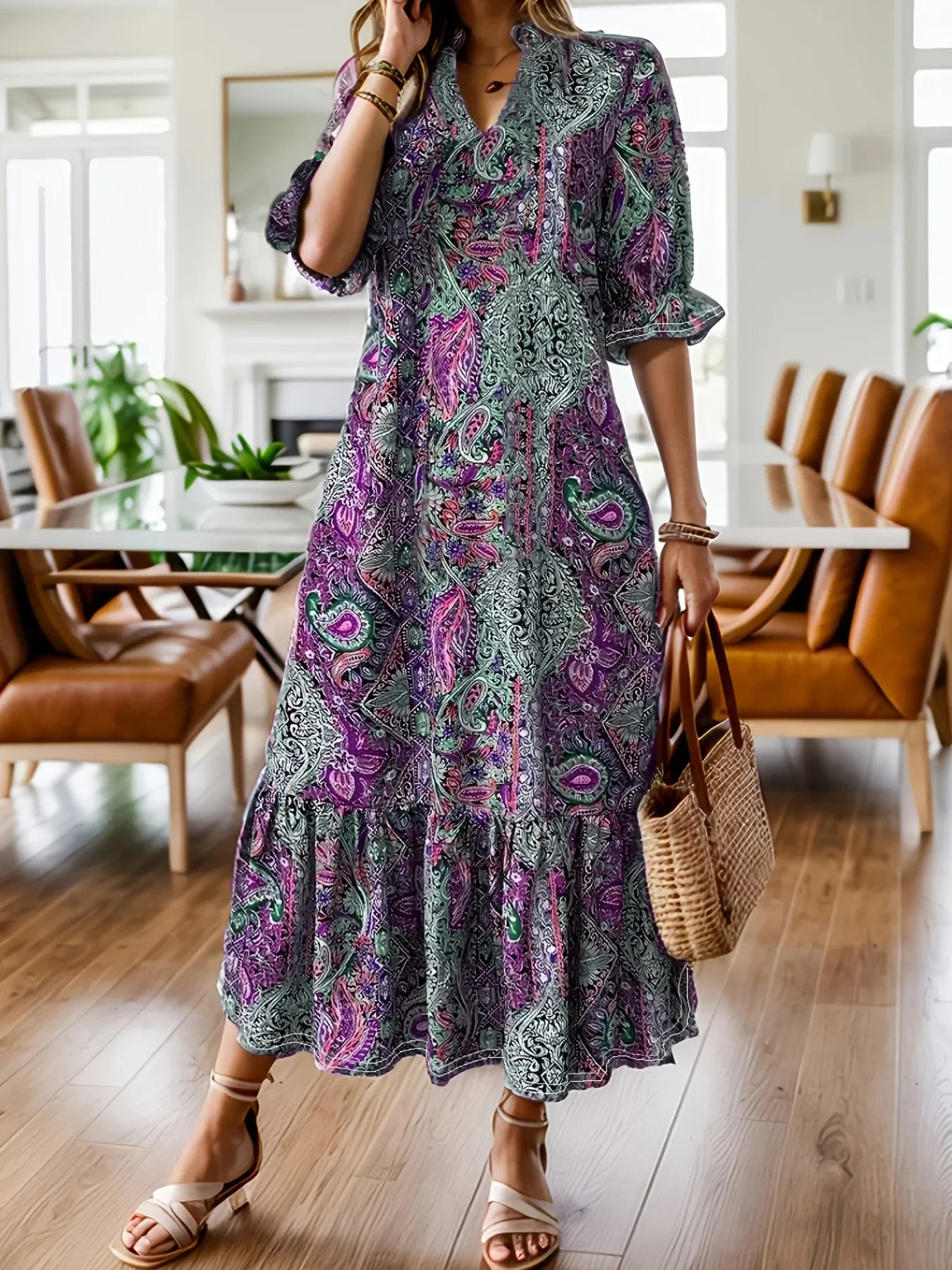Bohemian Paisley Print Midi Dress With Ruffle Hem Long Sleeve - Southern Shores Clothing
