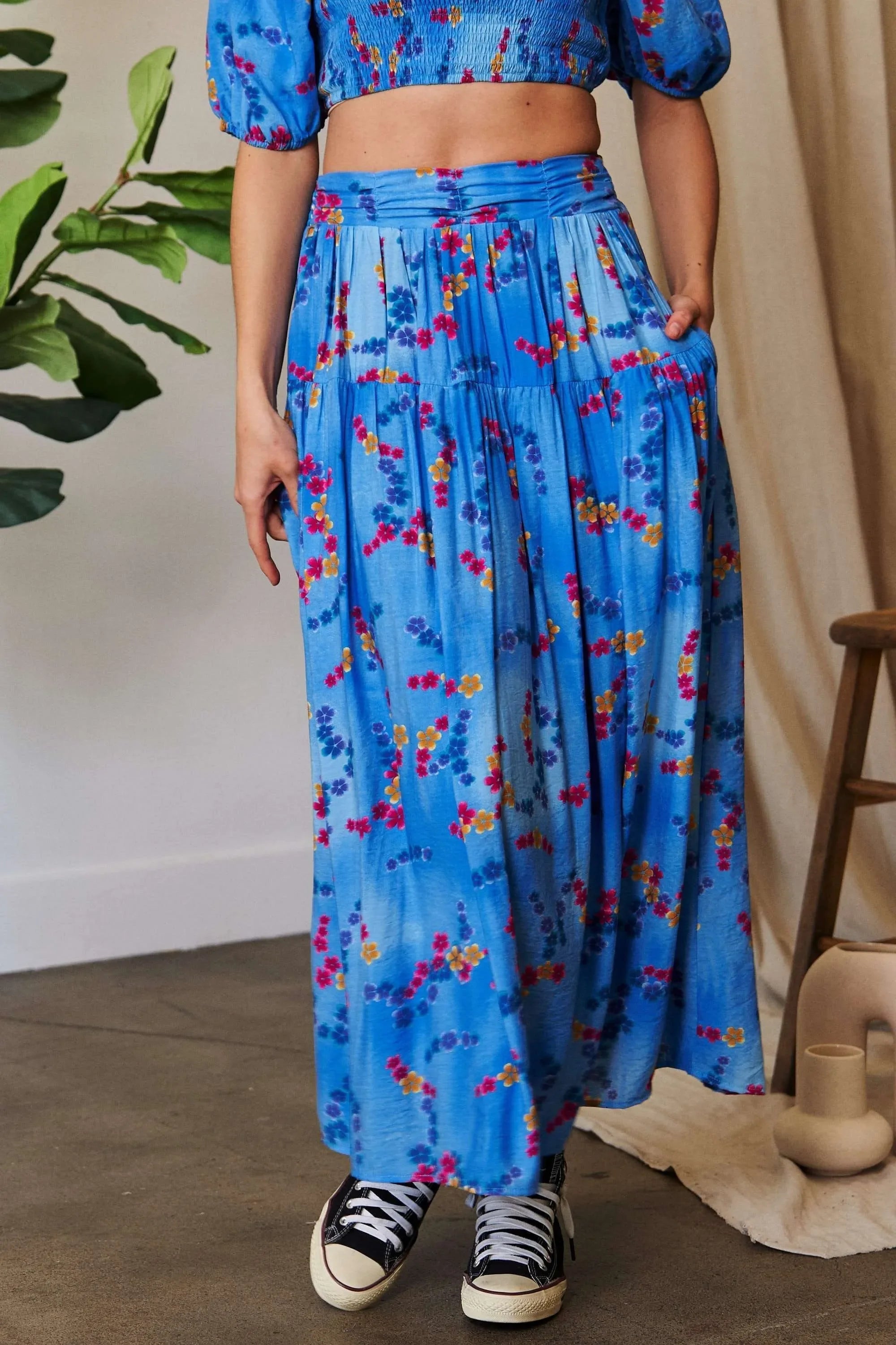 Printed Ruffled Smocking Waistband Maxi Skirt - Southern Shores Clothing