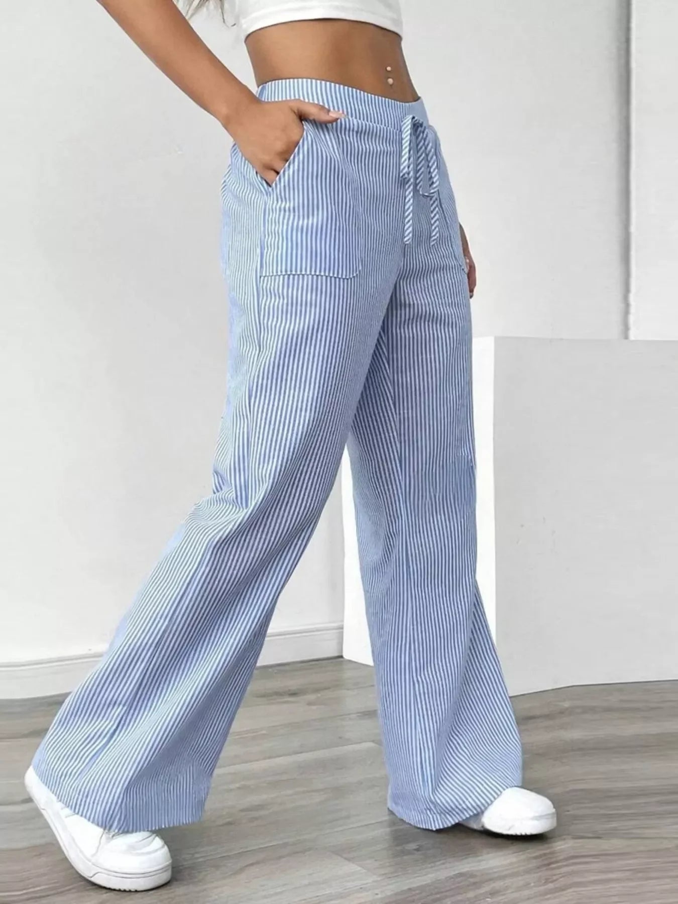 Striped Wide Leg Pocketed Casual Pants For Everyday Wear - Southern Shores Clothing