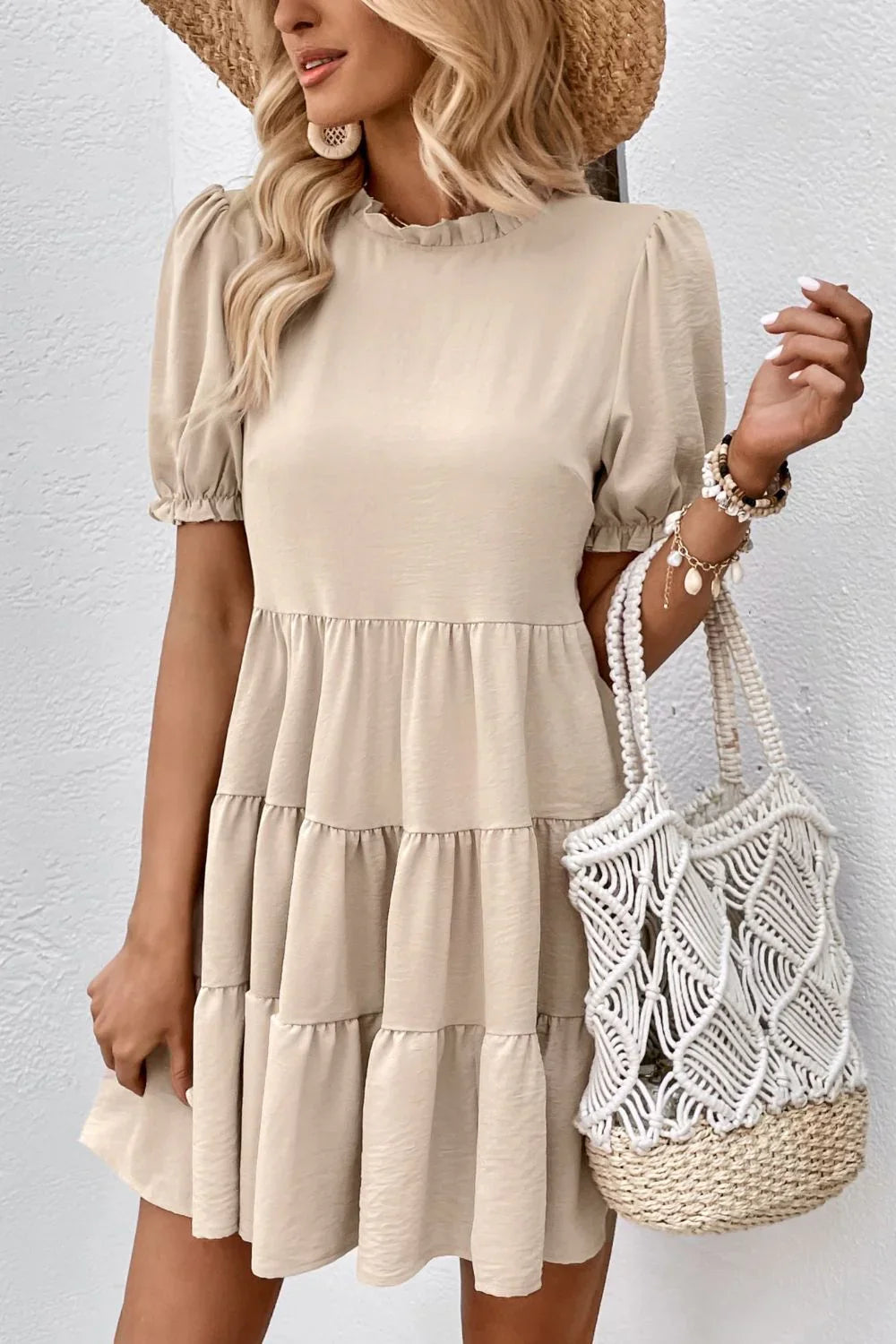 Perfee Puff Sleeve Tie Back Tiered Dress - Southern Shores Clothing