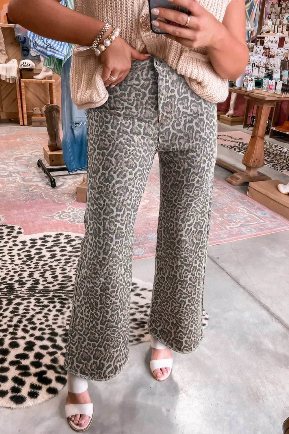 Coastal Leopard High Waist Wide Leg Frayed Edge Denim Jeans