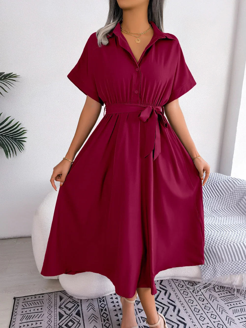 Short Sleeve Collared Tie Belt Dress - Southern Shores Clothing
