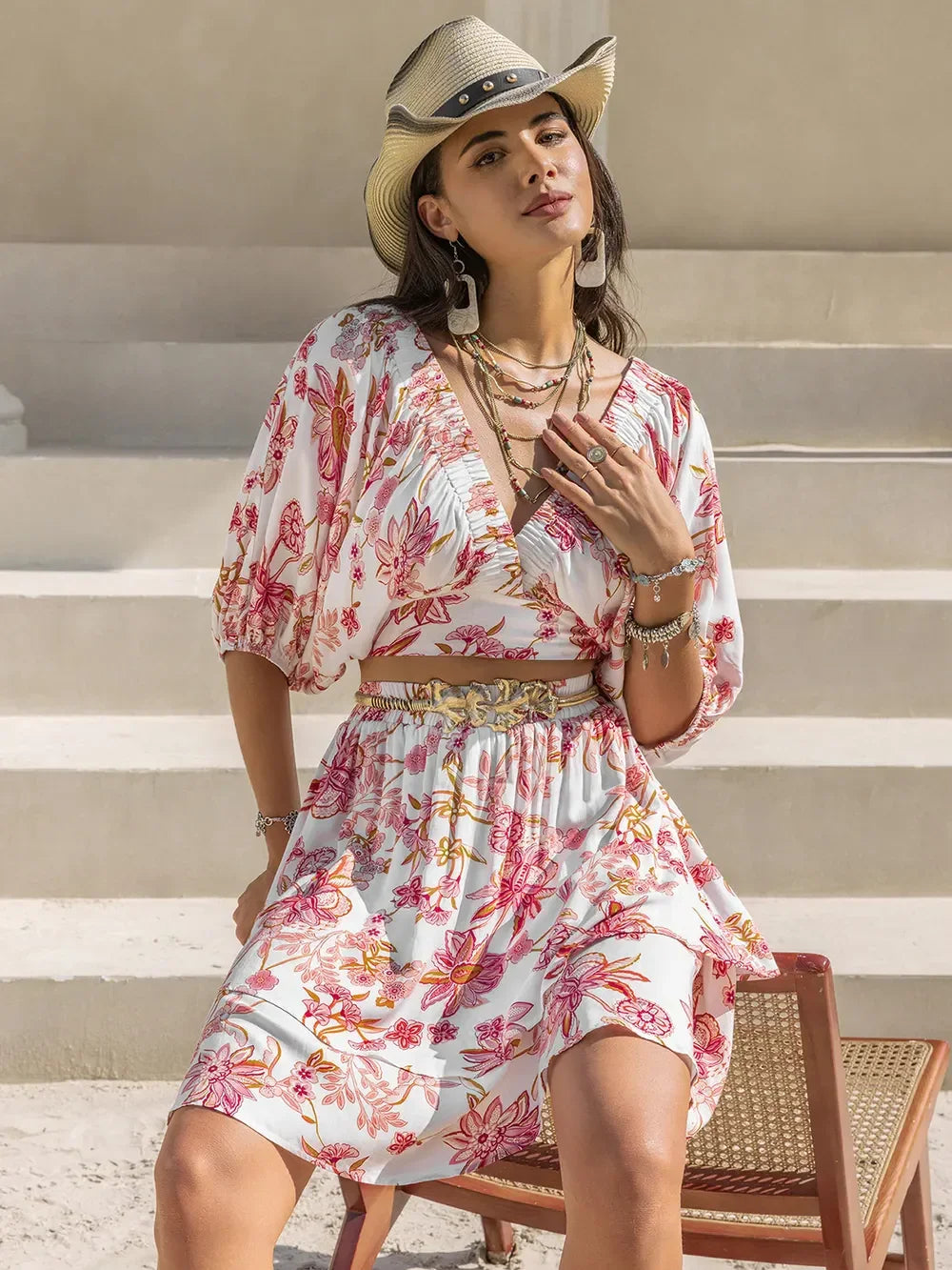 Floral Print Two Piece Half Sleeve Top and Layered Skirt Set - Southern Shores Clothing
