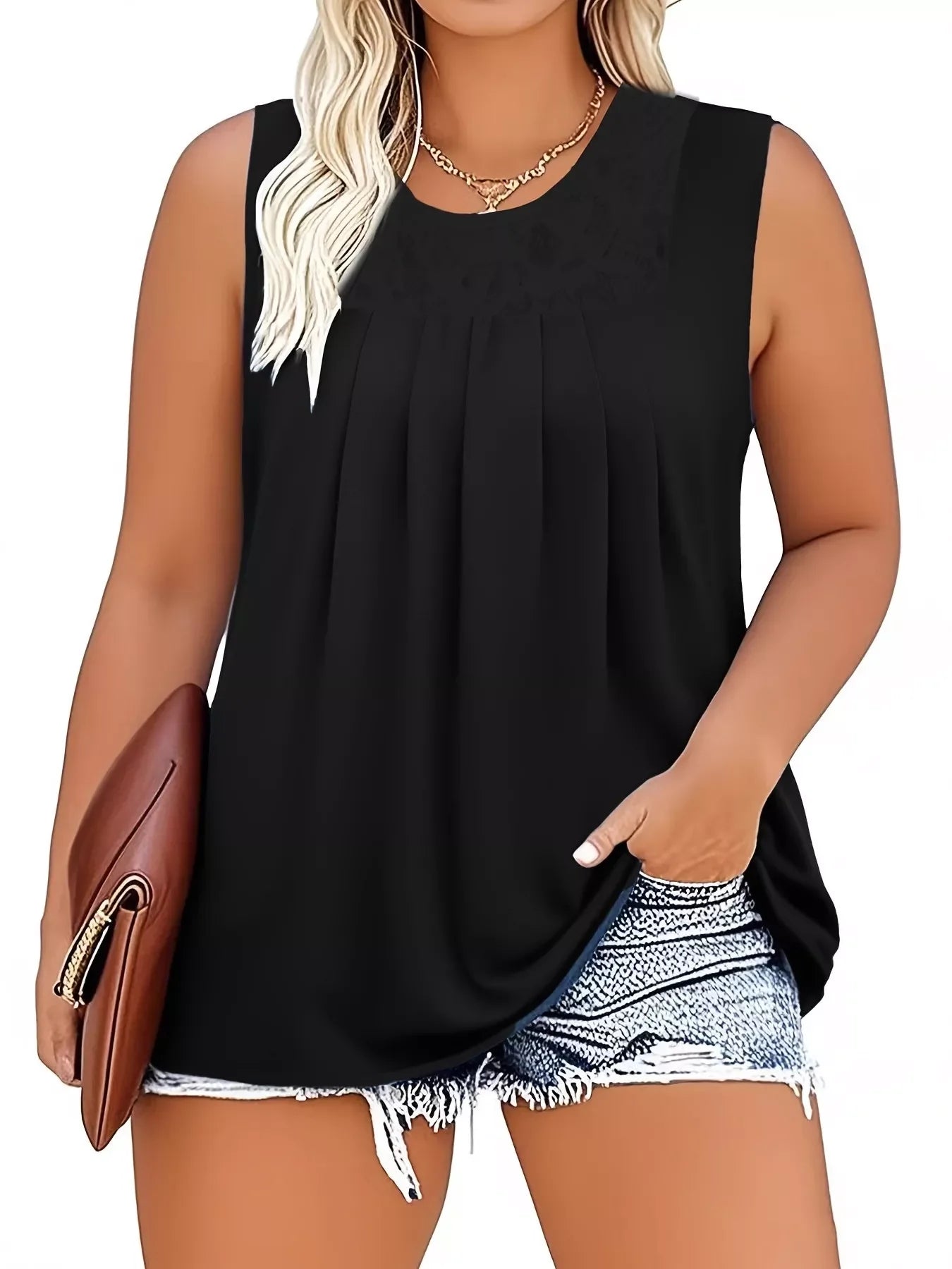Plus Size Lace Trim Round Neck Tank Top With Sleeveless Design - Southern Shores Clothing