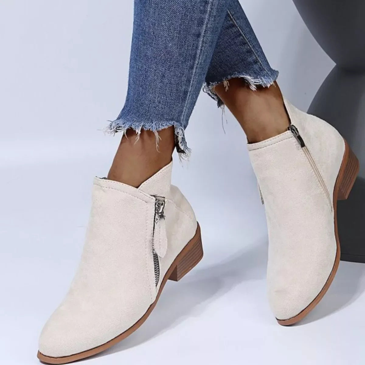 Point Toe Block Heel Boots Suede And Rubber