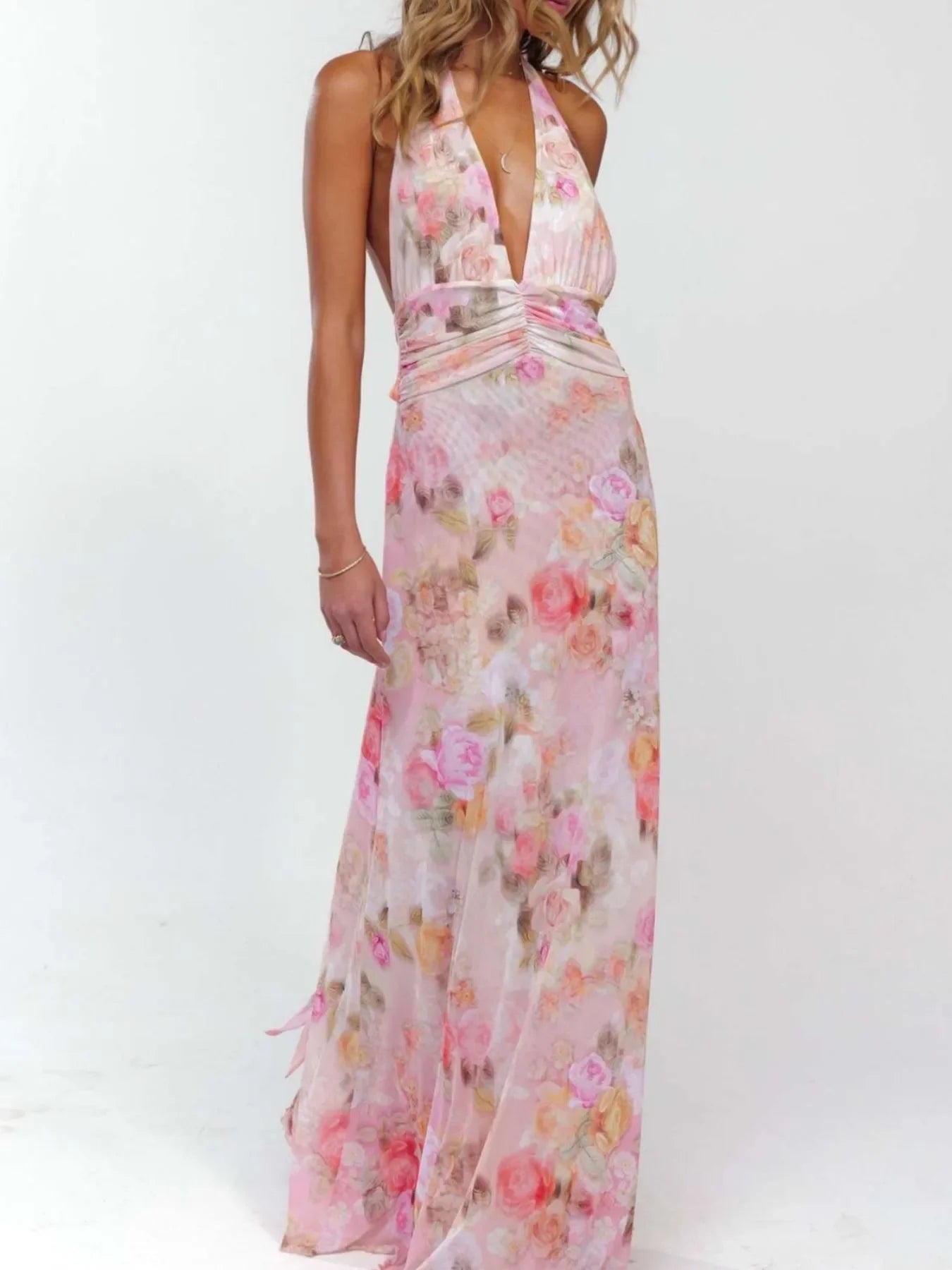 Floral Halter Neck Deep V Maxi Dress Beachwear - Southern Shores Clothing