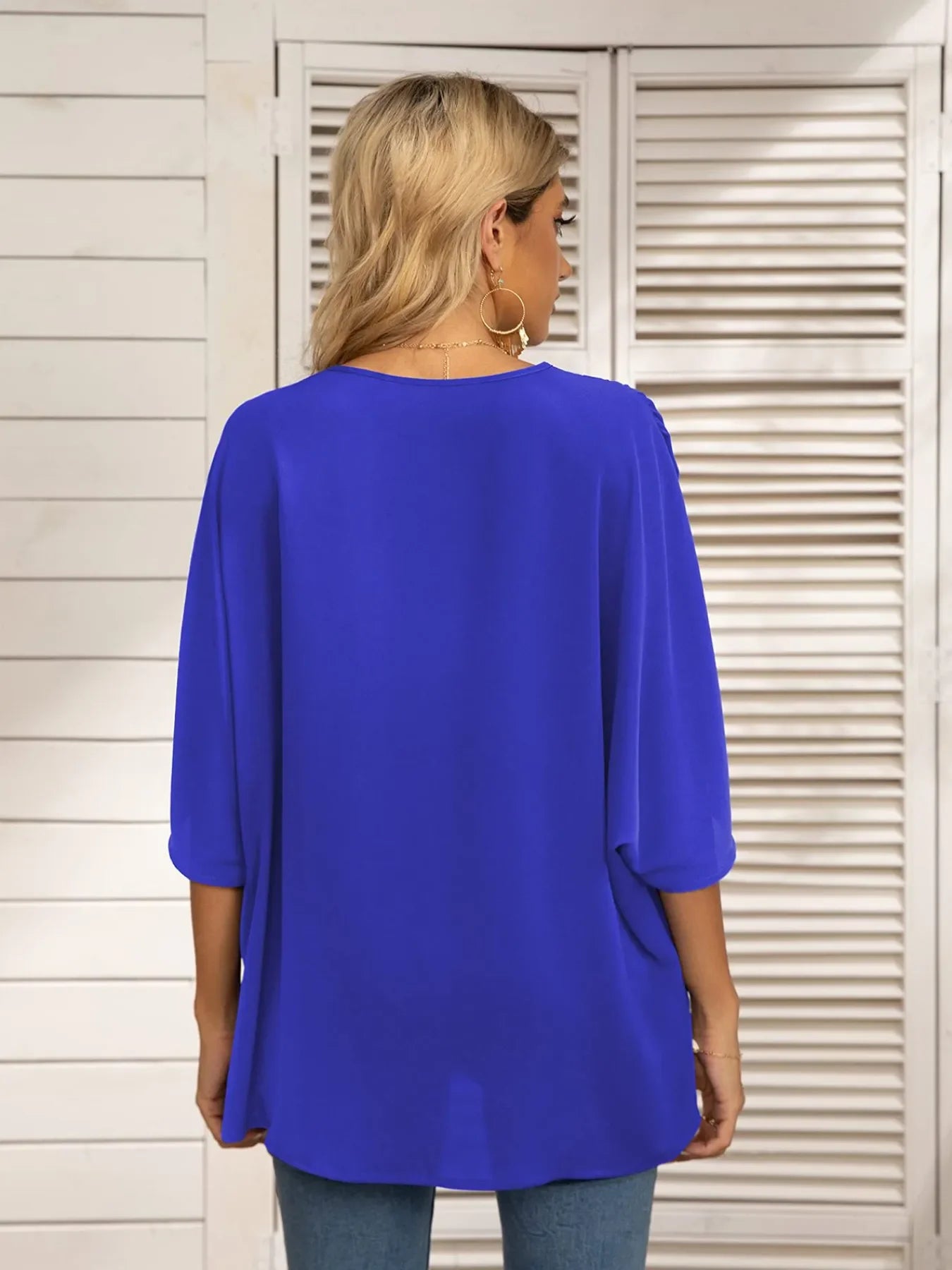 Printed Trim V-Neck Batwing Sleeve Blouse - Southern Shores Clothing